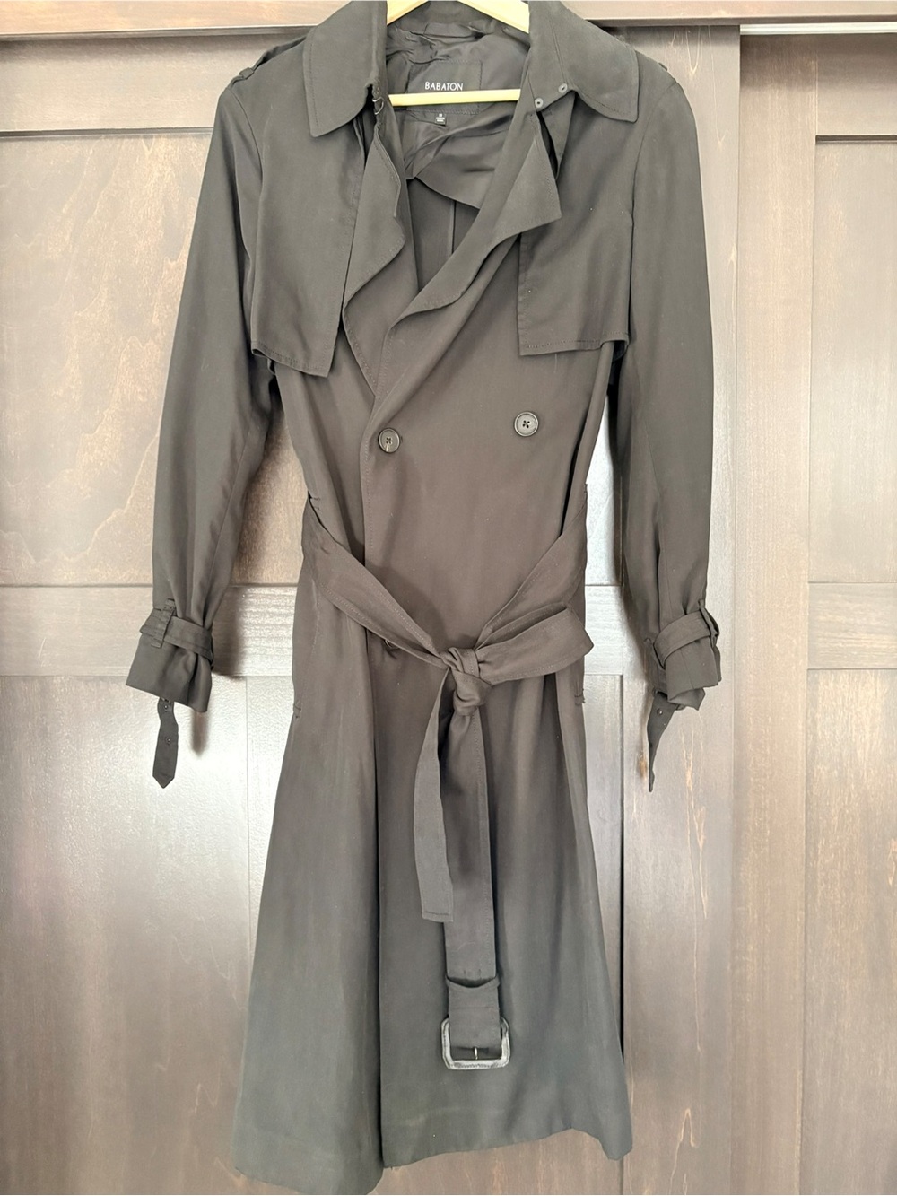 Aritzia Babaton Black Double-Breasted Trench with Waist Tie and Cuff Straps